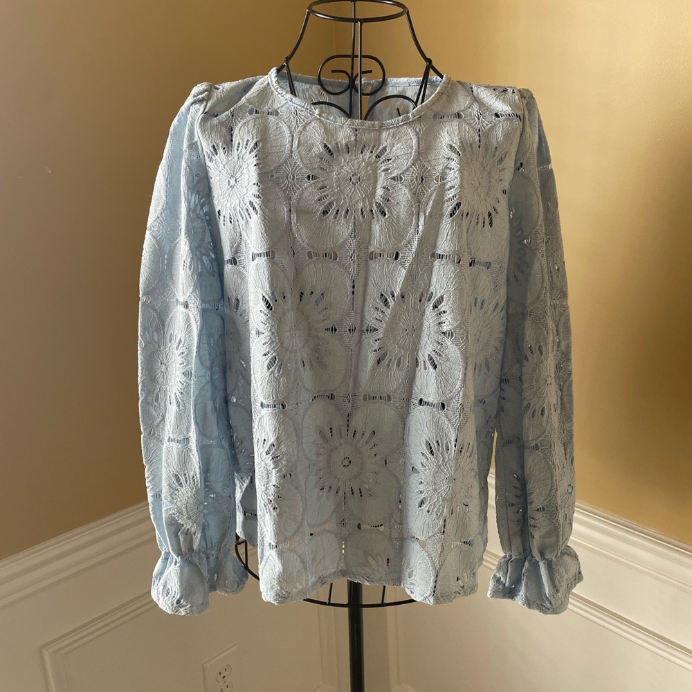Light Blue Eyelet Crochet Long-Sleeve Women's Top